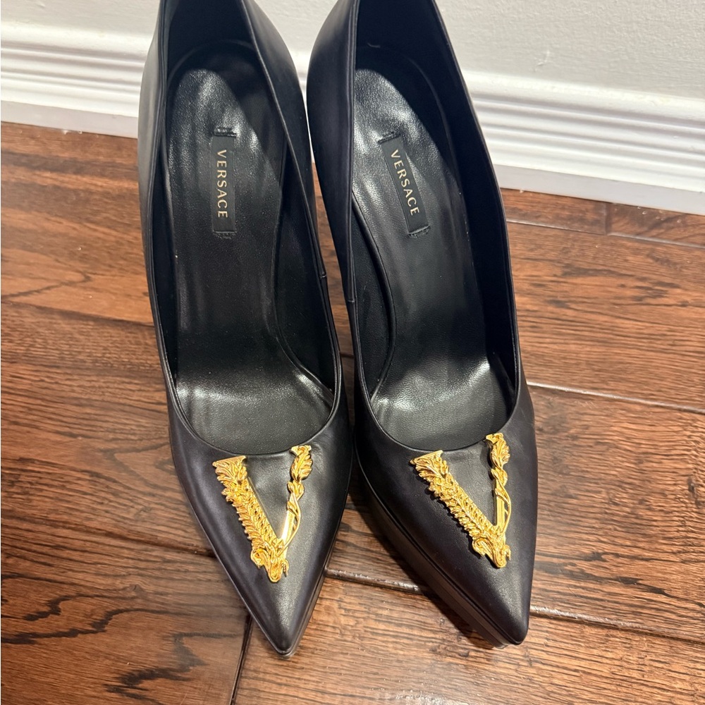 Versace Black Heels with Gold Detailing